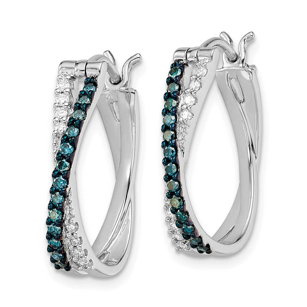 Alternate view of the Blue &amp; White Diamond Crossover Hinged Hoop Earrings in Sterling Silver by The Black Bow Jewelry Co.