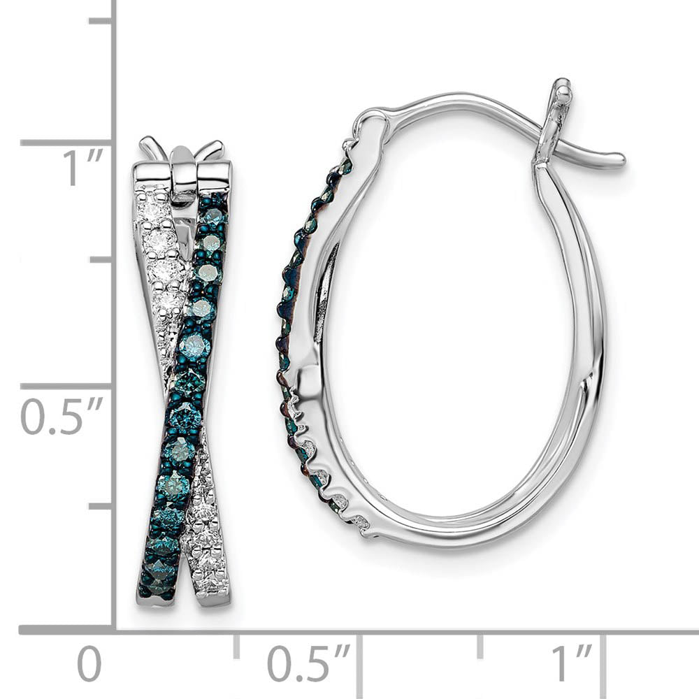 Alternate view of the Blue &amp; White Diamond Crossover Hinged Hoop Earrings in Sterling Silver by The Black Bow Jewelry Co.