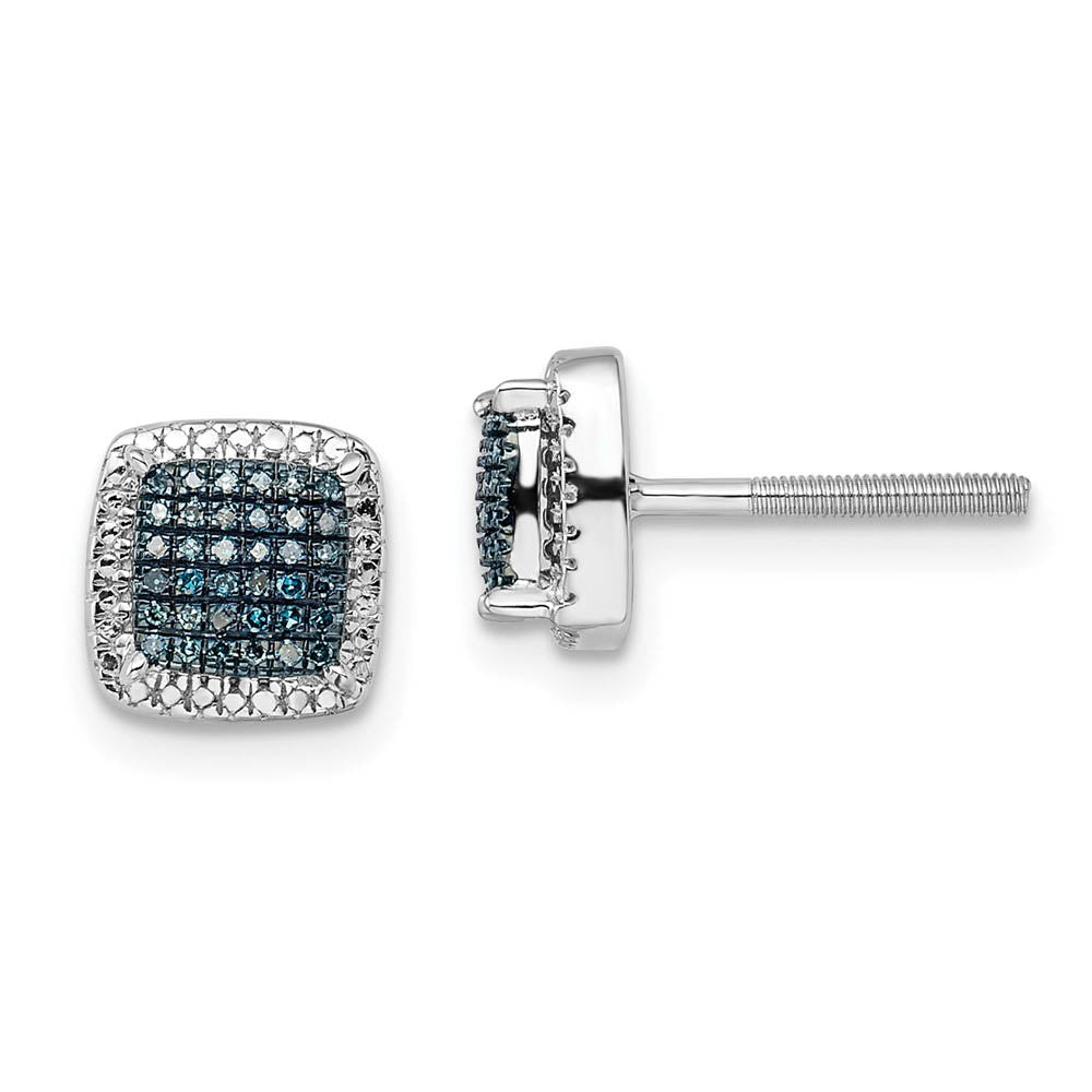 Blue &amp; White Diamond 8mm Square Screw Back Earrings in Sterling Silver, Item E12711 by The Black Bow Jewelry Co.