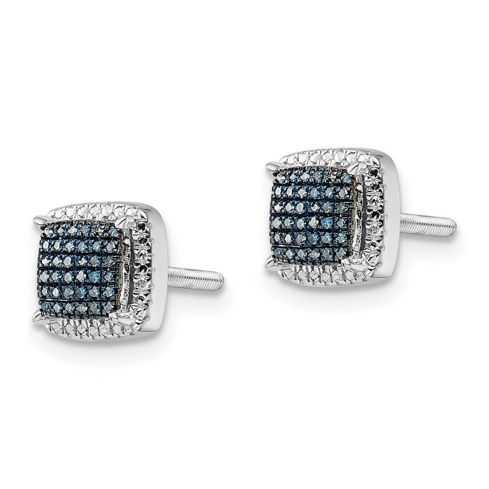 Alternate view of the Blue &amp; White Diamond 8mm Square Screw Back Earrings in Sterling Silver by The Black Bow Jewelry Co.