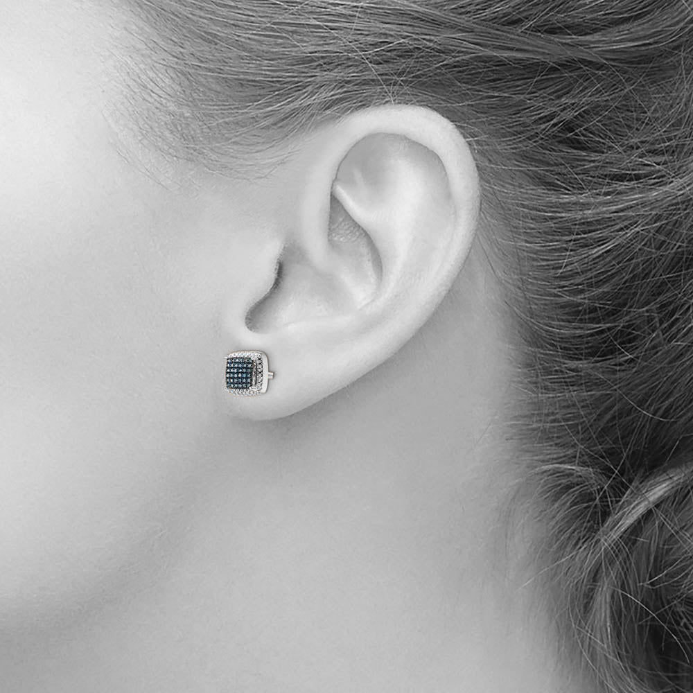 Alternate view of the Blue &amp; White Diamond 8mm Square Screw Back Earrings in Sterling Silver by The Black Bow Jewelry Co.