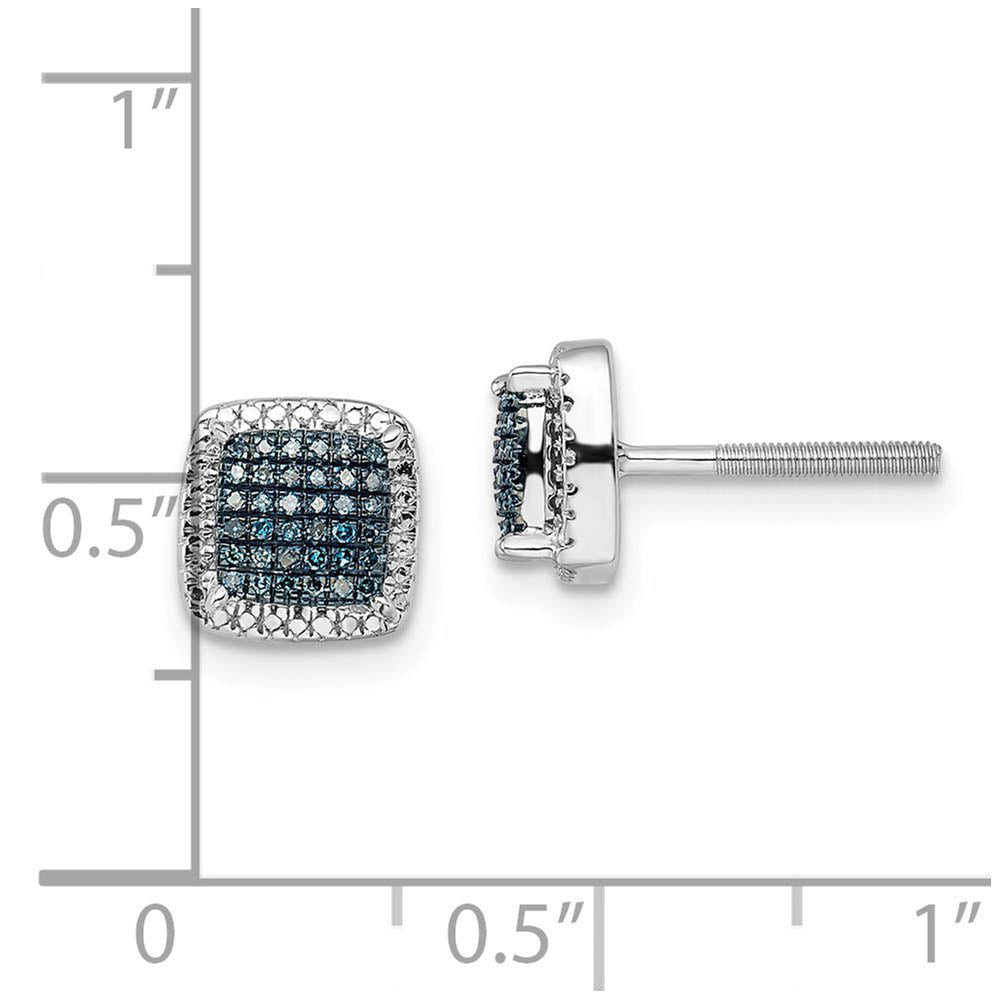 Alternate view of the Blue &amp; White Diamond 8mm Square Screw Back Earrings in Sterling Silver by The Black Bow Jewelry Co.