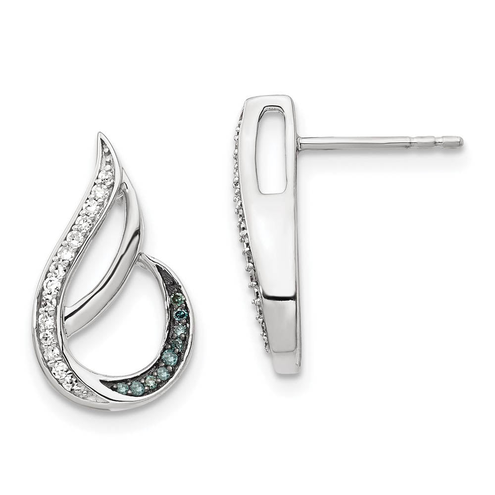 Blue &amp; White Diamond Tear Rhodium Plated Sterling Silver Post Earrings, Item E12712 by The Black Bow Jewelry Co.