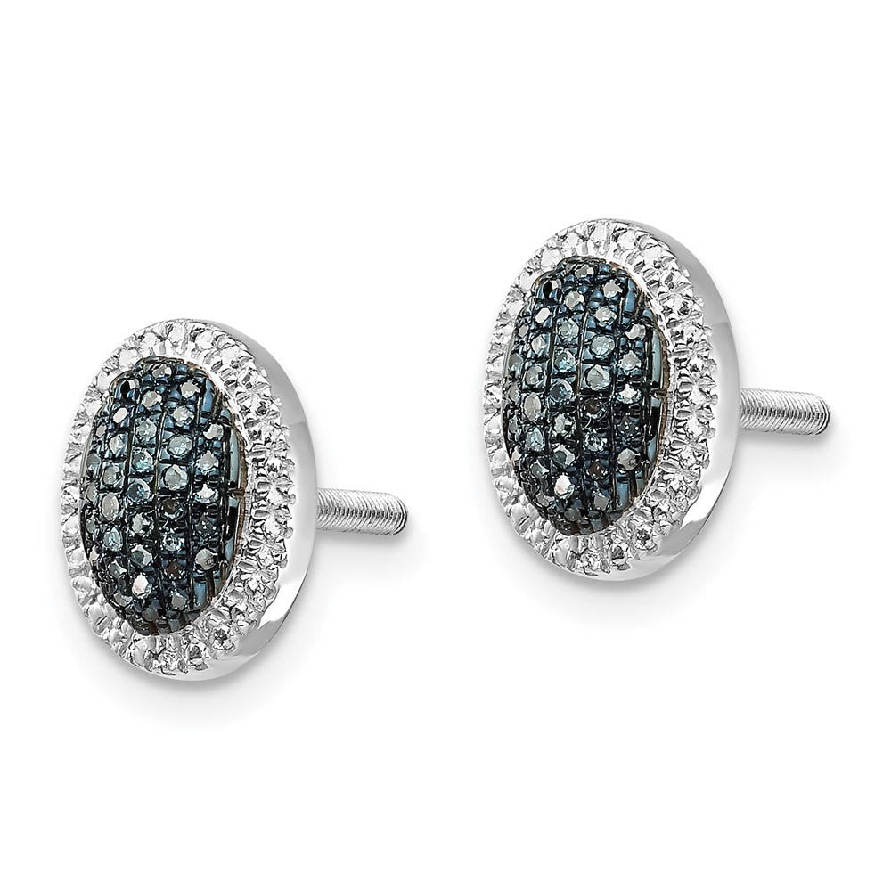 Alternate view of the Blue &amp; White Diamond Small Oval Screw Back Earrings in Sterling Silver by The Black Bow Jewelry Co.