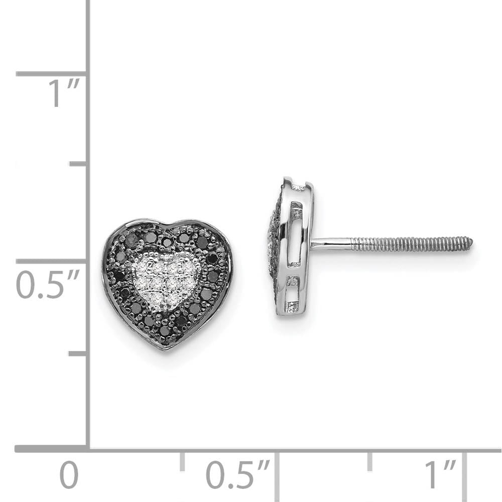 Alternate view of the Black & White Diamond 8mm Heart Screw Back Earrings in Sterling Silver by The Black Bow Jewelry Co.