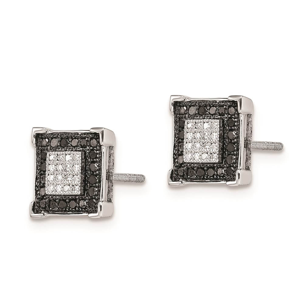 Alternate view of the 8mm Square Black & White Diamond Sterling Silver Screw Back Earrings by The Black Bow Jewelry Co.