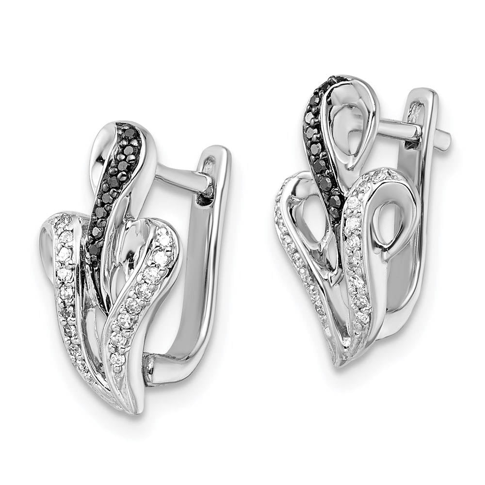 Alternate view of the Black & White Diamond Scroll Omega Back Earrings in Sterling Silver by The Black Bow Jewelry Co.