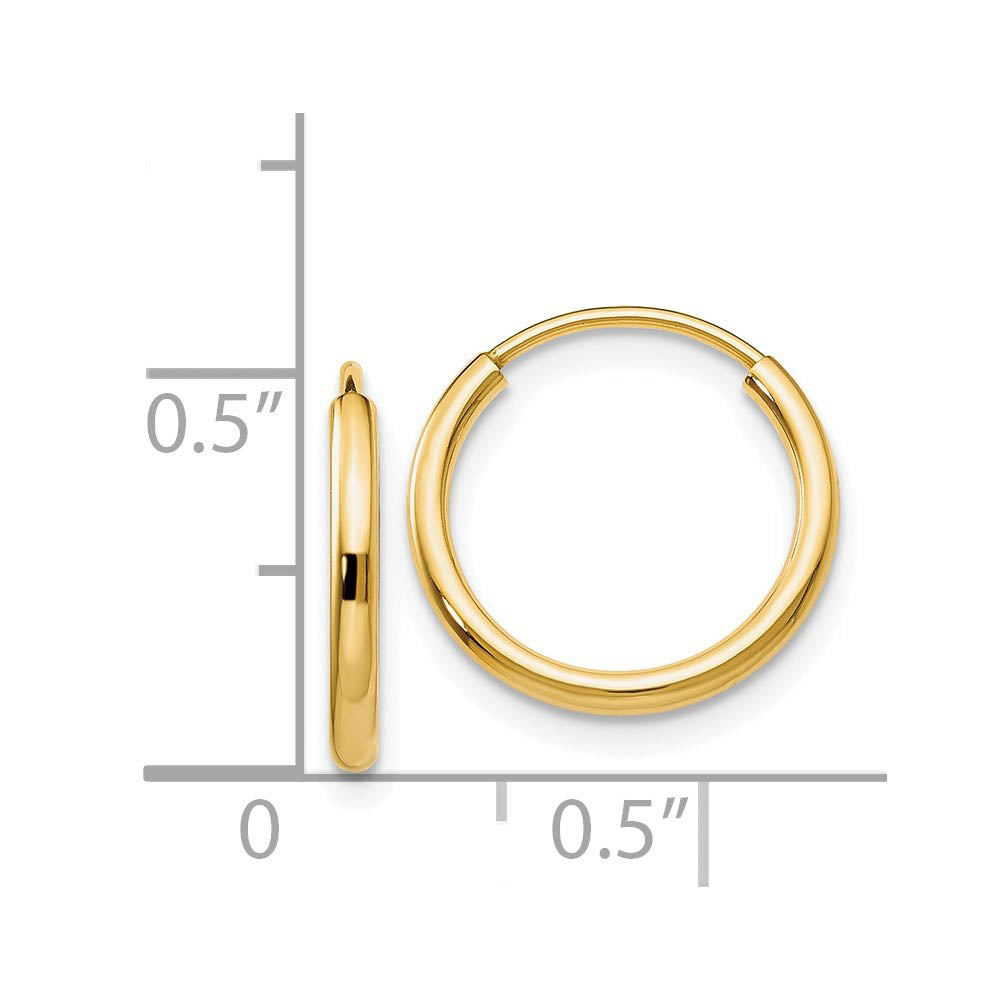 Alternate view of the 1.5mm x 13mm 14k Yellow Gold Polished Round Endless Hoop Earrings by The Black Bow Jewelry Co.