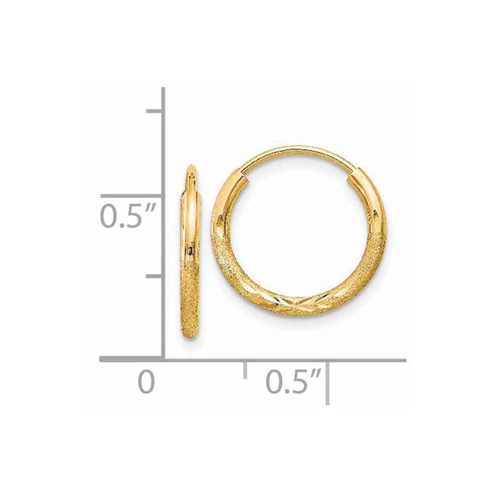 Alternate view of the 1.5mm x 15mm 14k Yellow Gold Satin Diamond-Cut Endless Hoop Earrings by The Black Bow Jewelry Co.