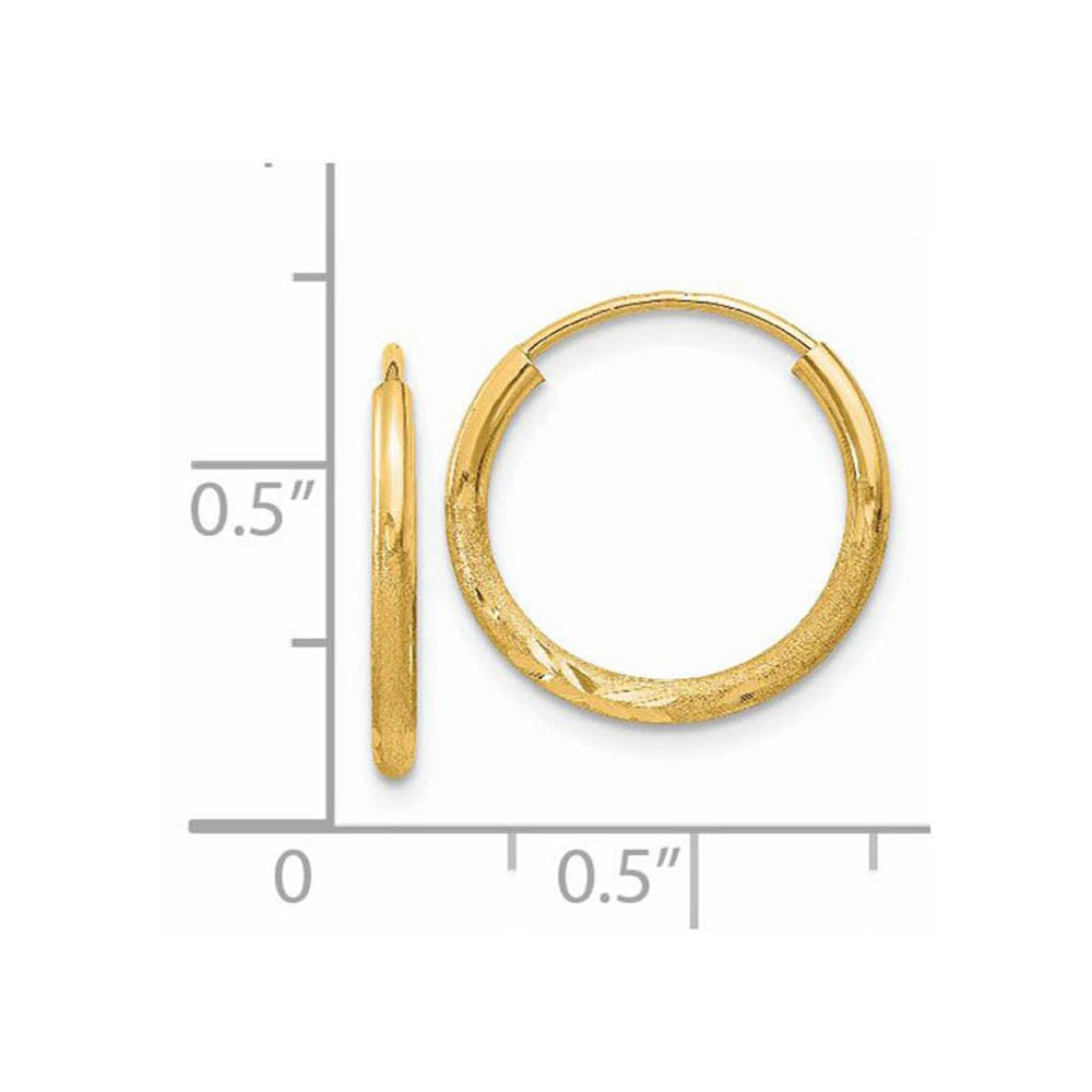 Alternate view of the 1.5mm x 17mm 14k Yellow Gold Satin Diamond-Cut Endless Hoop Earrings by The Black Bow Jewelry Co.