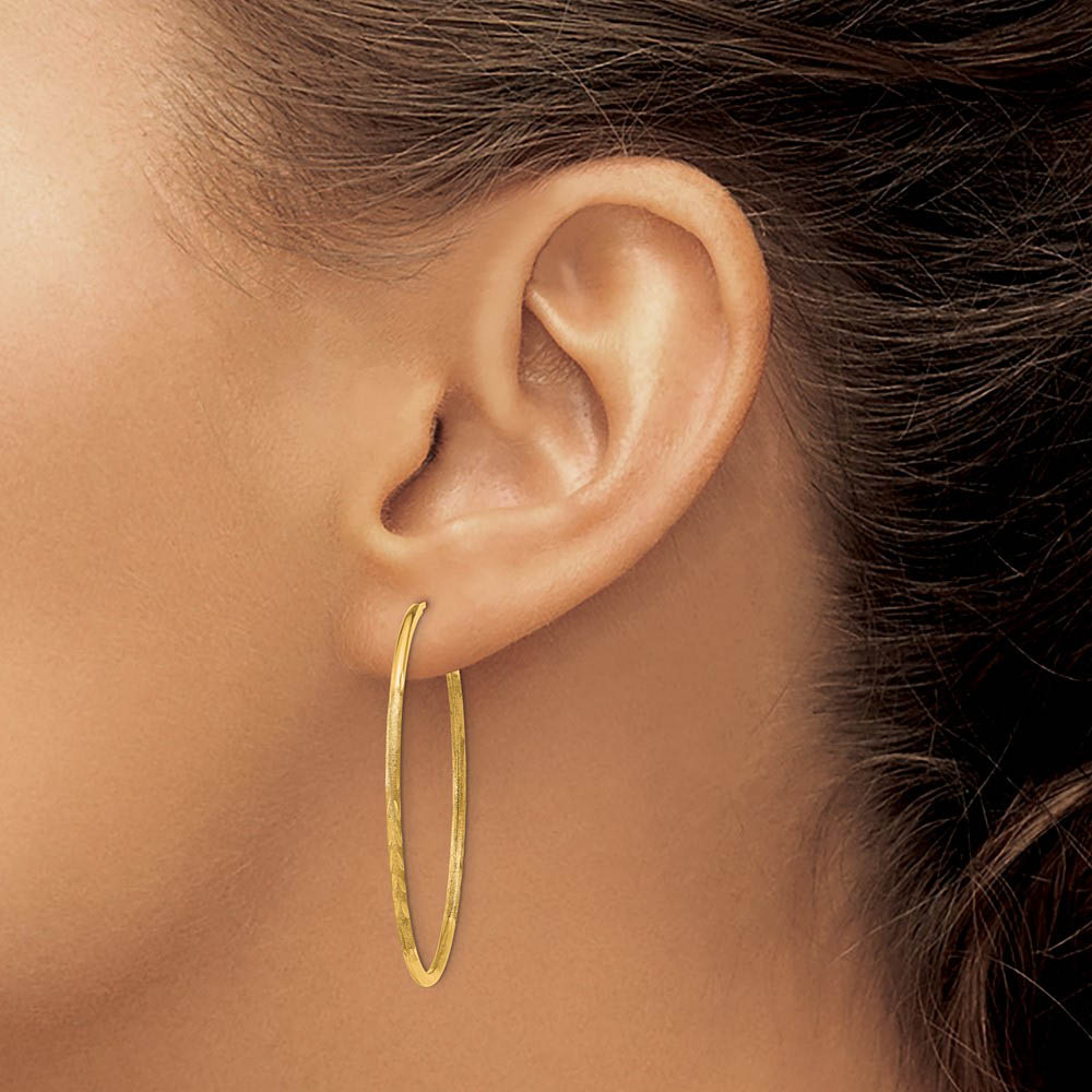 Alternate view of the 1.5mm x 42mm 14k Yellow Gold Satin Diamond-Cut Endless Hoop Earrings by The Black Bow Jewelry Co.