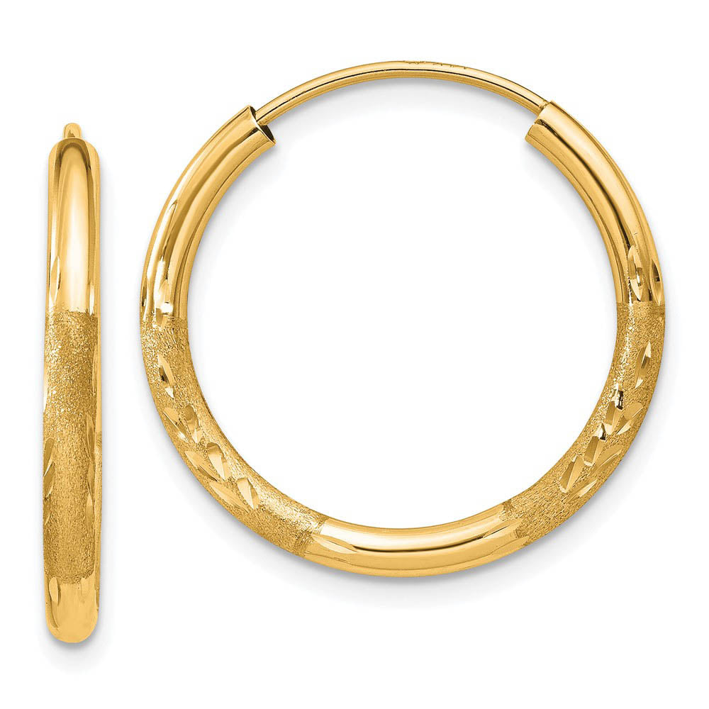2mm x 16mm 14k Yellow Gold Satin Diamond-Cut Endless Hoop Earrings, Item E13188 by The Black Bow Jewelry Co.
