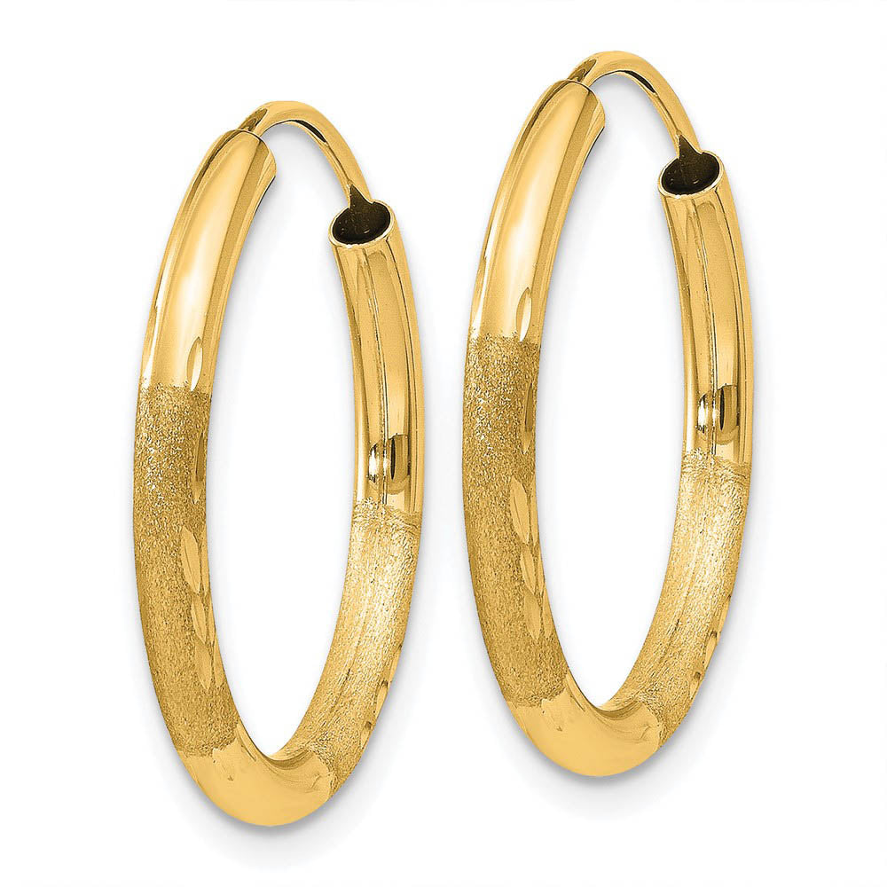 Alternate view of the 2mm x 16mm 14k Yellow Gold Satin Diamond-Cut Endless Hoop Earrings by The Black Bow Jewelry Co.