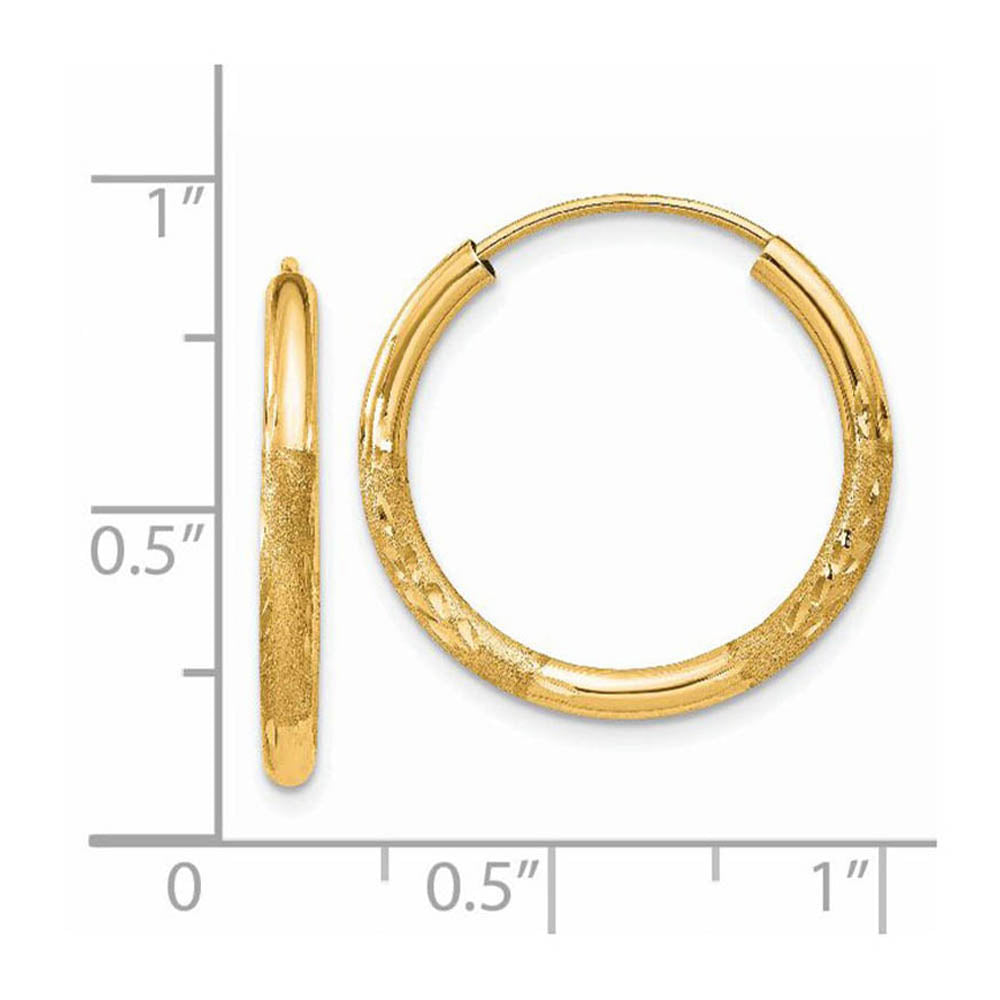 Alternate view of the 2mm x 16mm 14k Yellow Gold Satin Diamond-Cut Endless Hoop Earrings by The Black Bow Jewelry Co.