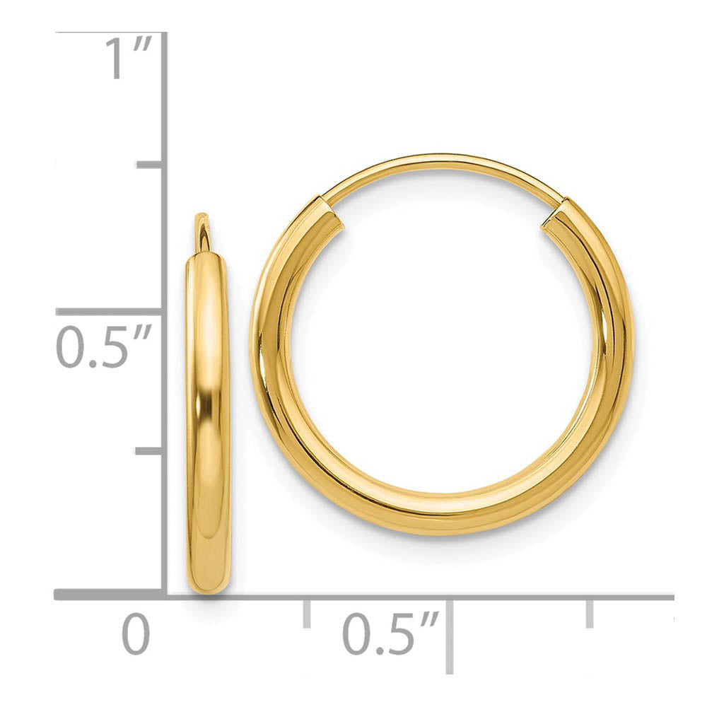 Alternate view of the 2mm x 18mm 14k Yellow Gold Polished Round Endless Hoop Earrings by The Black Bow Jewelry Co.