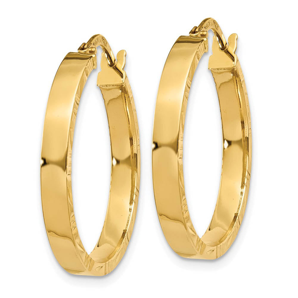 Alternate view of the 3mm x 25mm 14k Yellow Gold Polished & D/C Edge Round Hoop Earrings by The Black Bow Jewelry Co.