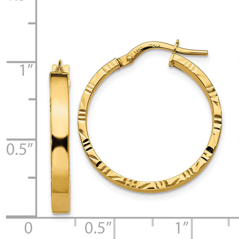 Alternate view of the 3mm x 25mm 14k Yellow Gold Polished & D/C Edge Round Hoop Earrings by The Black Bow Jewelry Co.