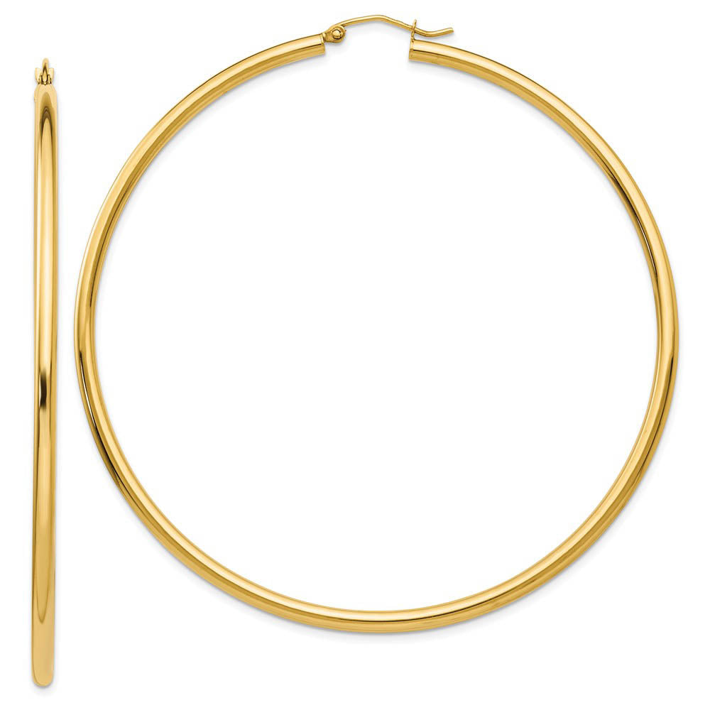 2.25mm x 70mm 14k Yellow Gold Polished Round Hoop Earrings, Item E13244 by The Black Bow Jewelry Co.