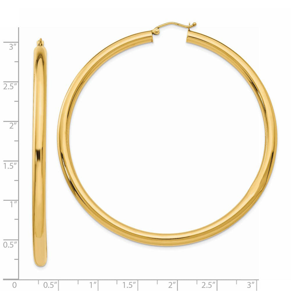 Alternate view of the 4mm x 70mm 14k Yellow Gold Polished Round Hoop Earrings by The Black Bow Jewelry Co.