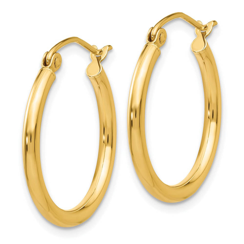 Alternate view of the 2mm x 20mm 14k Yellow Gold Classic Round Hoop Earrings by The Black Bow Jewelry Co.