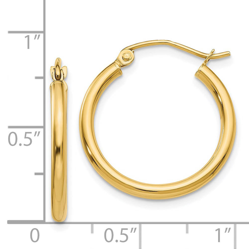 Alternate view of the 2mm x 20mm 14k Yellow Gold Classic Round Hoop Earrings by The Black Bow Jewelry Co.