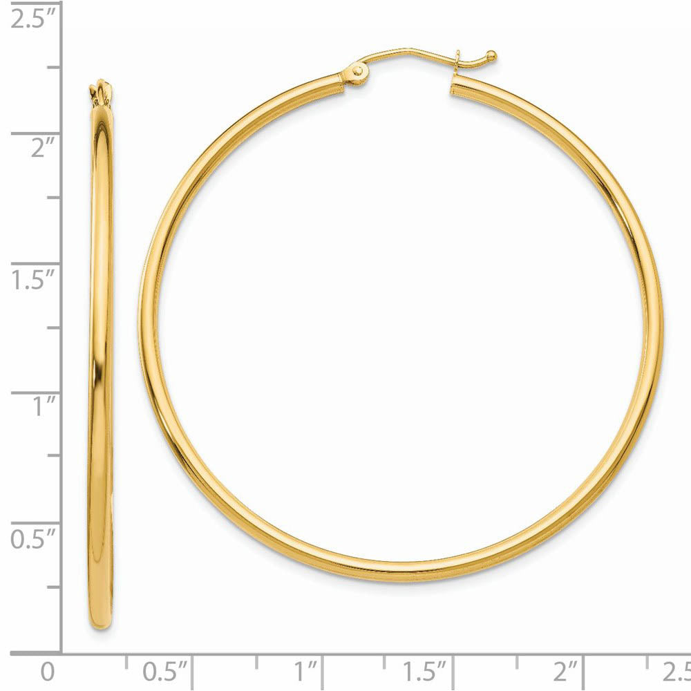 Alternate view of the 2mm x 50mm 14k Yellow Gold Classic Round Hoop Earrings by The Black Bow Jewelry Co.