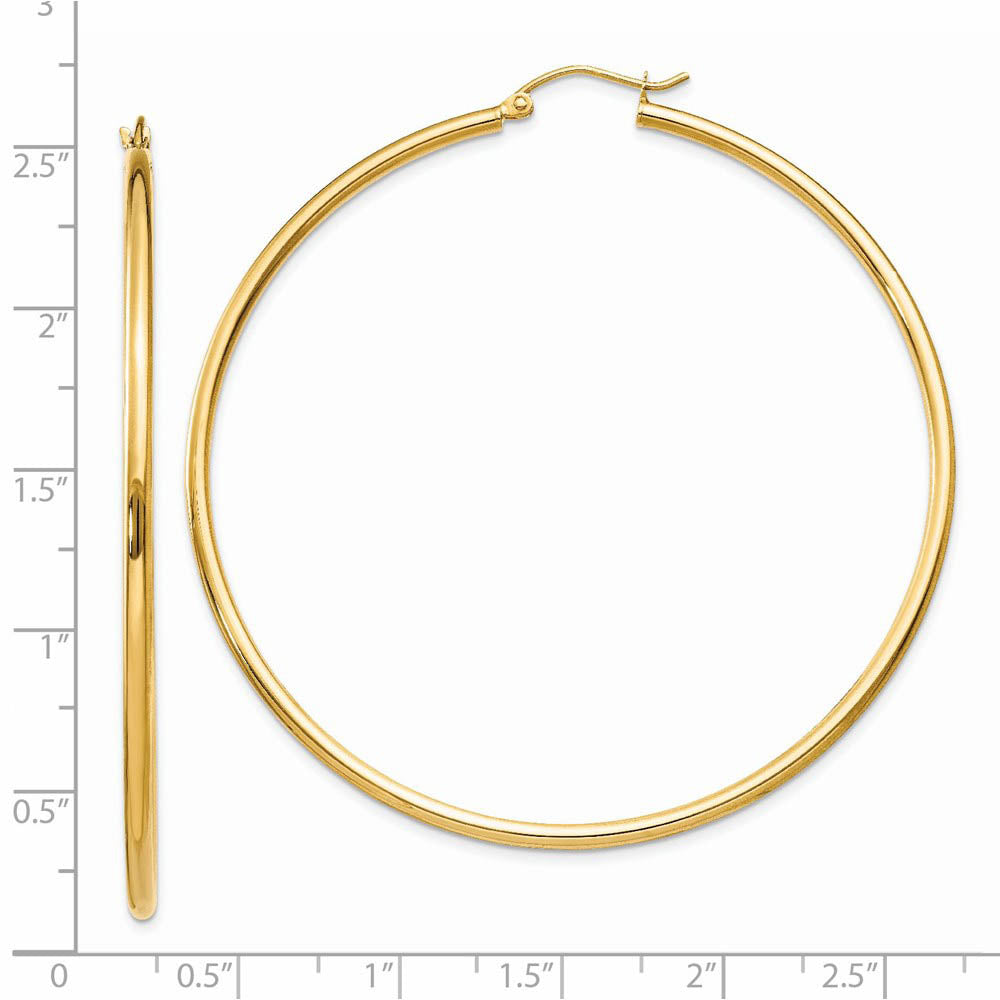 Alternate view of the 2mm x 60mm 14k Yellow Gold Classic Round Hoop Earrings by The Black Bow Jewelry Co.