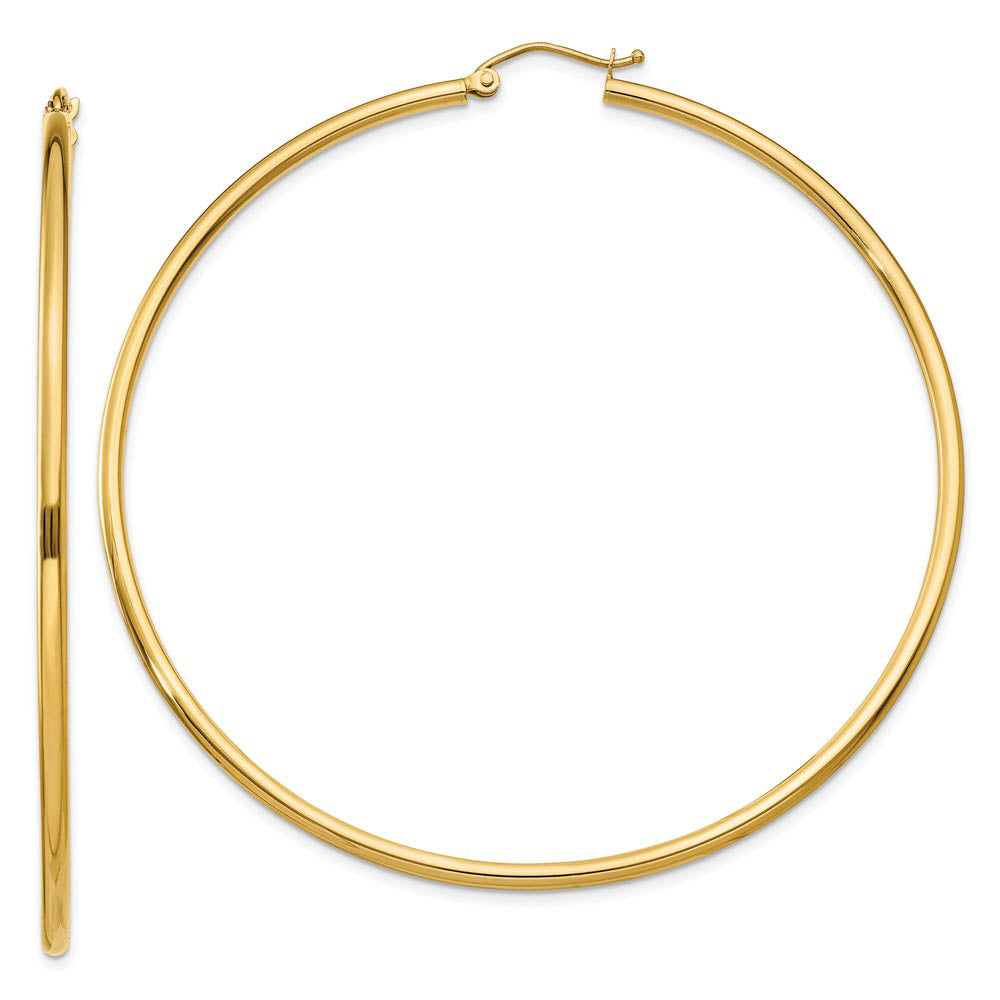 2mm x 65mm 14k Yellow Gold Classic Round Hoop Earrings, Item E13272 by The Black Bow Jewelry Co.