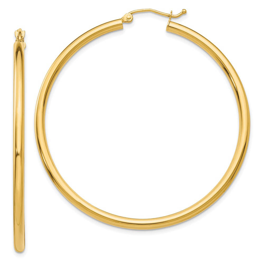 2.5mm x 50mm 14k Yellow Gold Classic Round Hoop Earrings, Item E13289 by The Black Bow Jewelry Co.