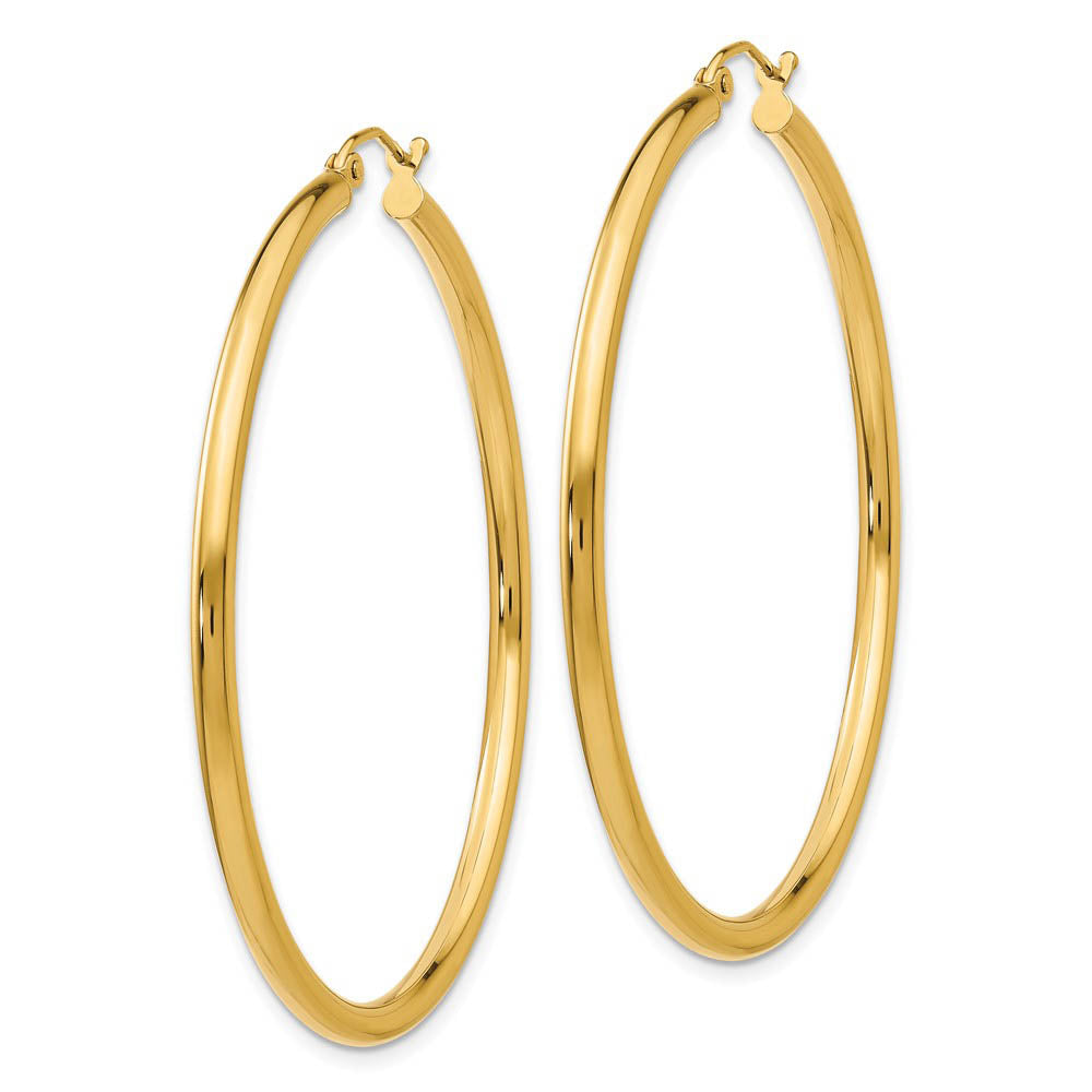 Alternate view of the 2.5mm x 50mm 14k Yellow Gold Classic Round Hoop Earrings by The Black Bow Jewelry Co.