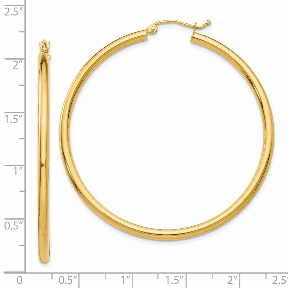 Alternate view of the 2.5mm x 50mm 14k Yellow Gold Classic Round Hoop Earrings by The Black Bow Jewelry Co.