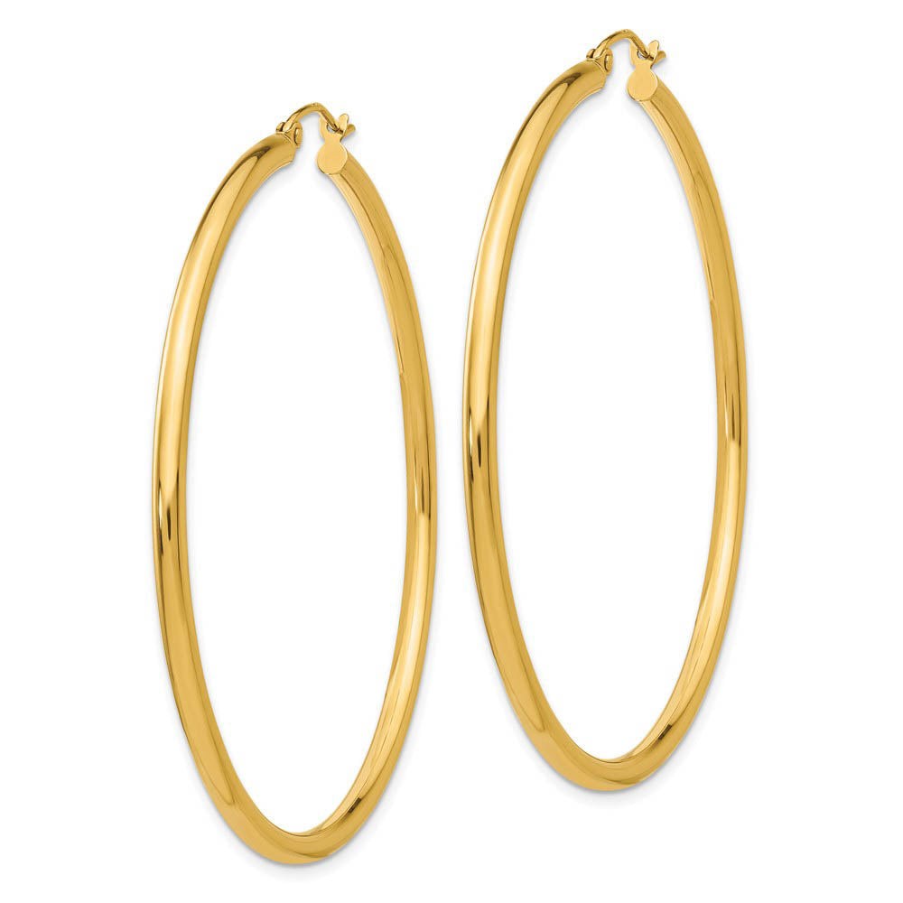 Alternate view of the 2.5mm x 55mm 14k Yellow Gold Classic Round Hoop Earrings by The Black Bow Jewelry Co.