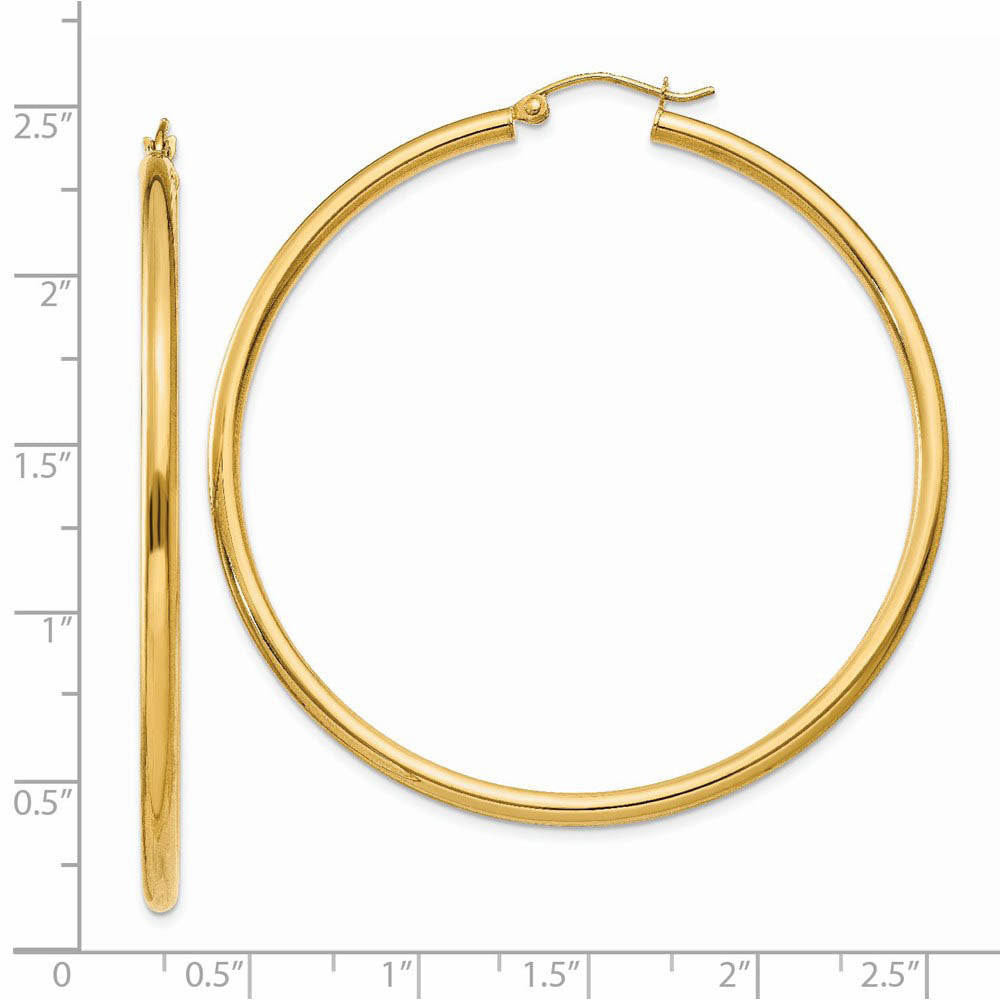 Alternate view of the 2.5mm x 55mm 14k Yellow Gold Classic Round Hoop Earrings by The Black Bow Jewelry Co.