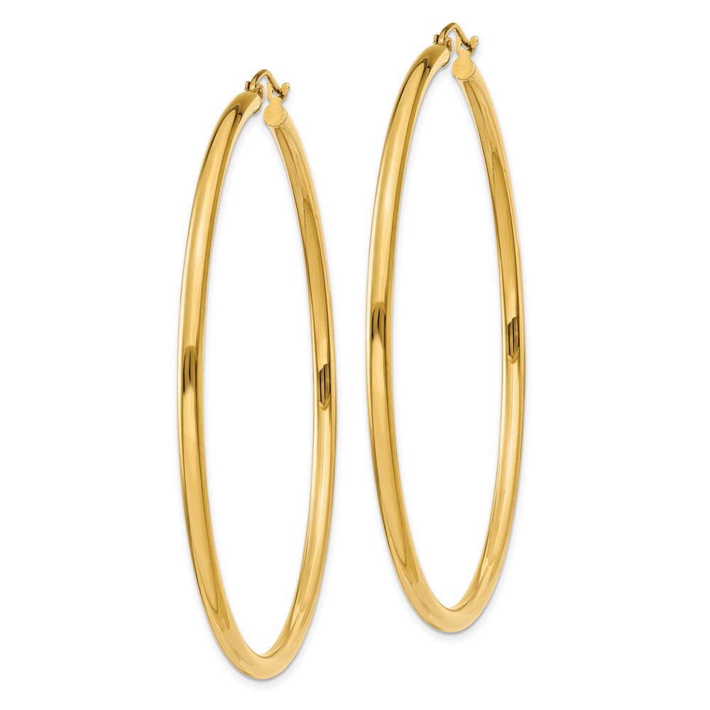 Alternate view of the 2.5mm x 60mm 14k Yellow Gold Classic Round Hoop Earrings by The Black Bow Jewelry Co.