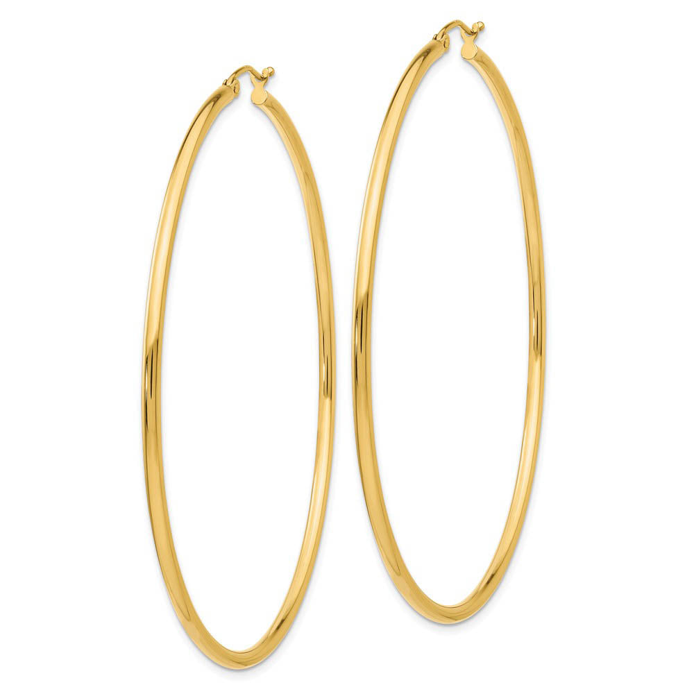 Alternate view of the 2.5mm x 65mm 14k Yellow Gold Classic Round Hoop Earrings by The Black Bow Jewelry Co.