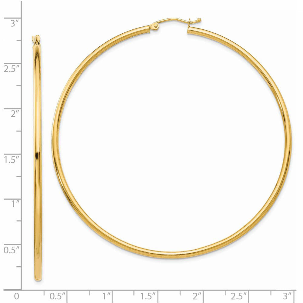 Alternate view of the 2.5mm x 65mm 14k Yellow Gold Classic Round Hoop Earrings by The Black Bow Jewelry Co.
