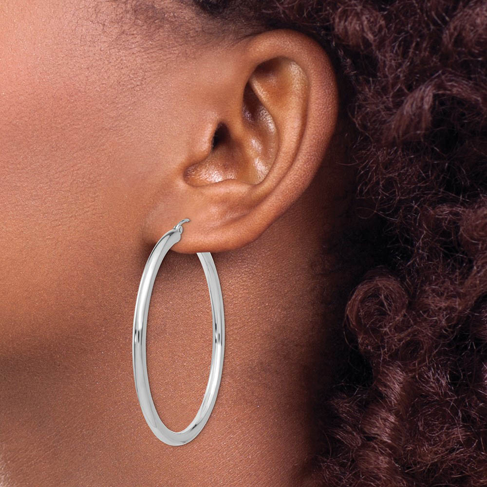 Alternate view of the 3mm x 50mm 14k White Gold Classic Round Hoop Earrings by The Black Bow Jewelry Co.