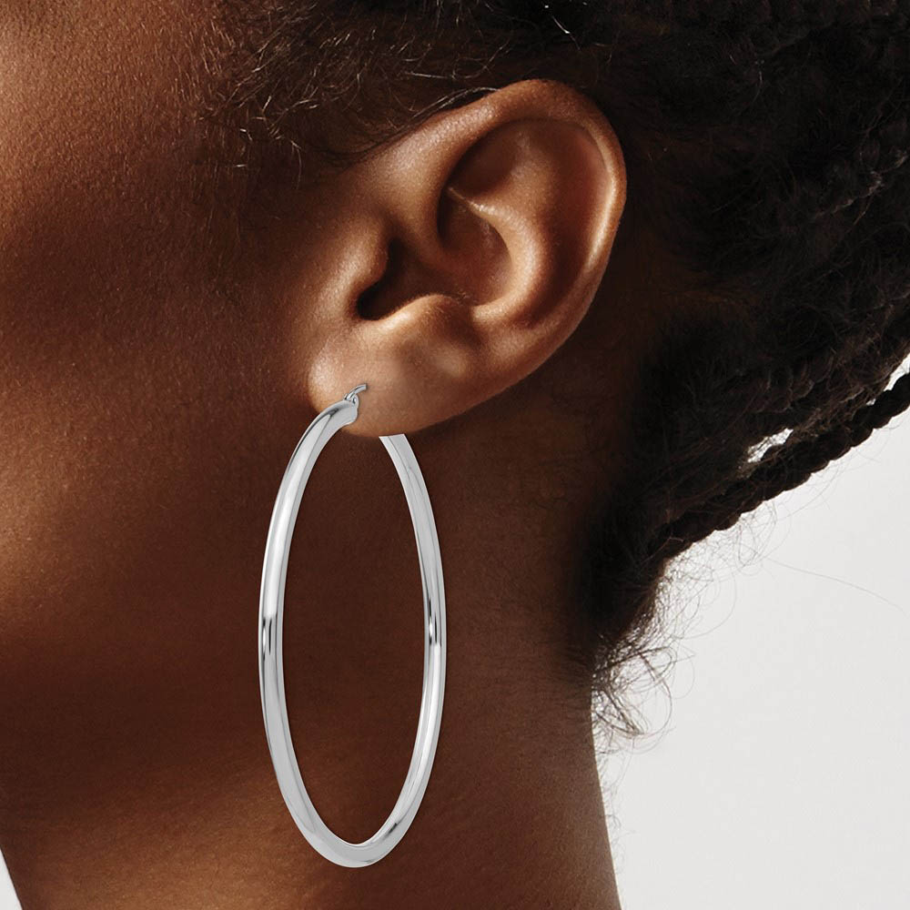 Alternate view of the 3mm x 60mm 14k White Gold Classic Round Hoop Earrings by The Black Bow Jewelry Co.