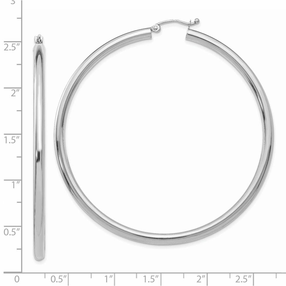 Alternate view of the 3mm x 60mm 14k White Gold Classic Round Hoop Earrings by The Black Bow Jewelry Co.