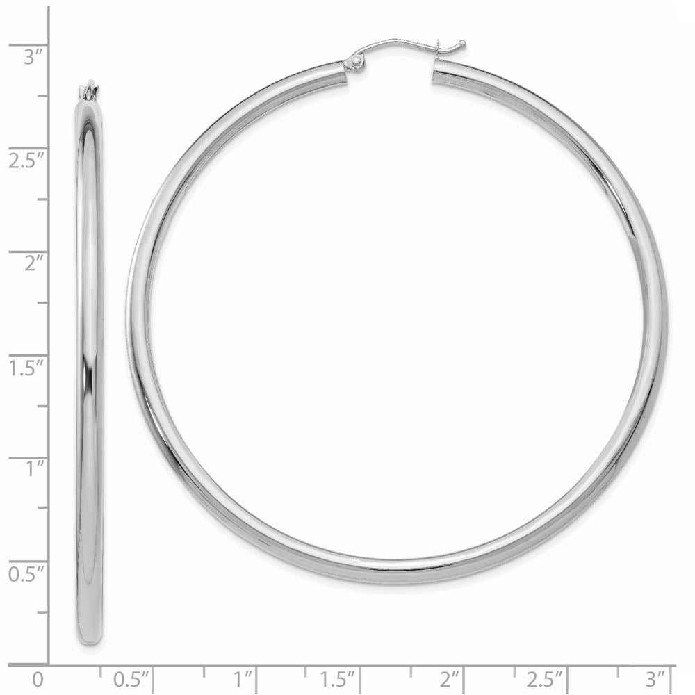 Alternate view of the 3mm x 65mm 14k White Gold Classic Round Hoop Earrings by The Black Bow Jewelry Co.