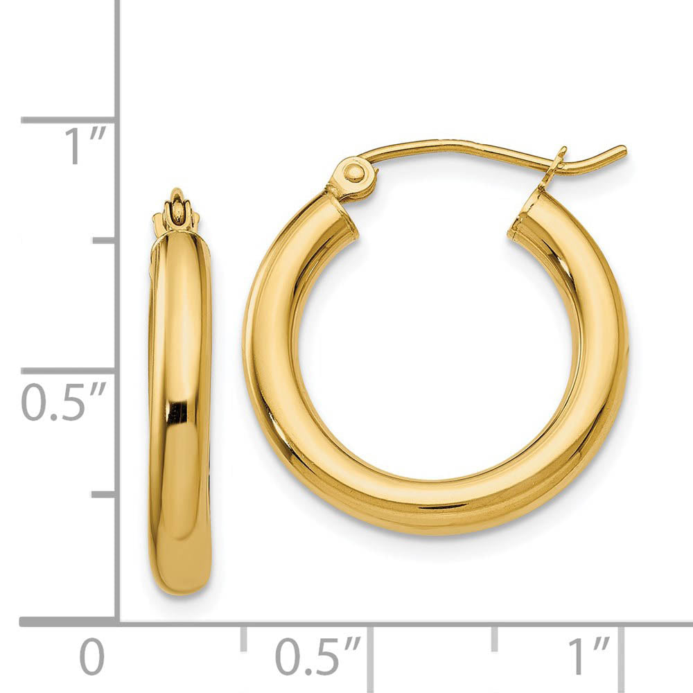 Alternate view of the 3mm x 20mm 14k Yellow Gold Classic Round Hoop Earrings by The Black Bow Jewelry Co.