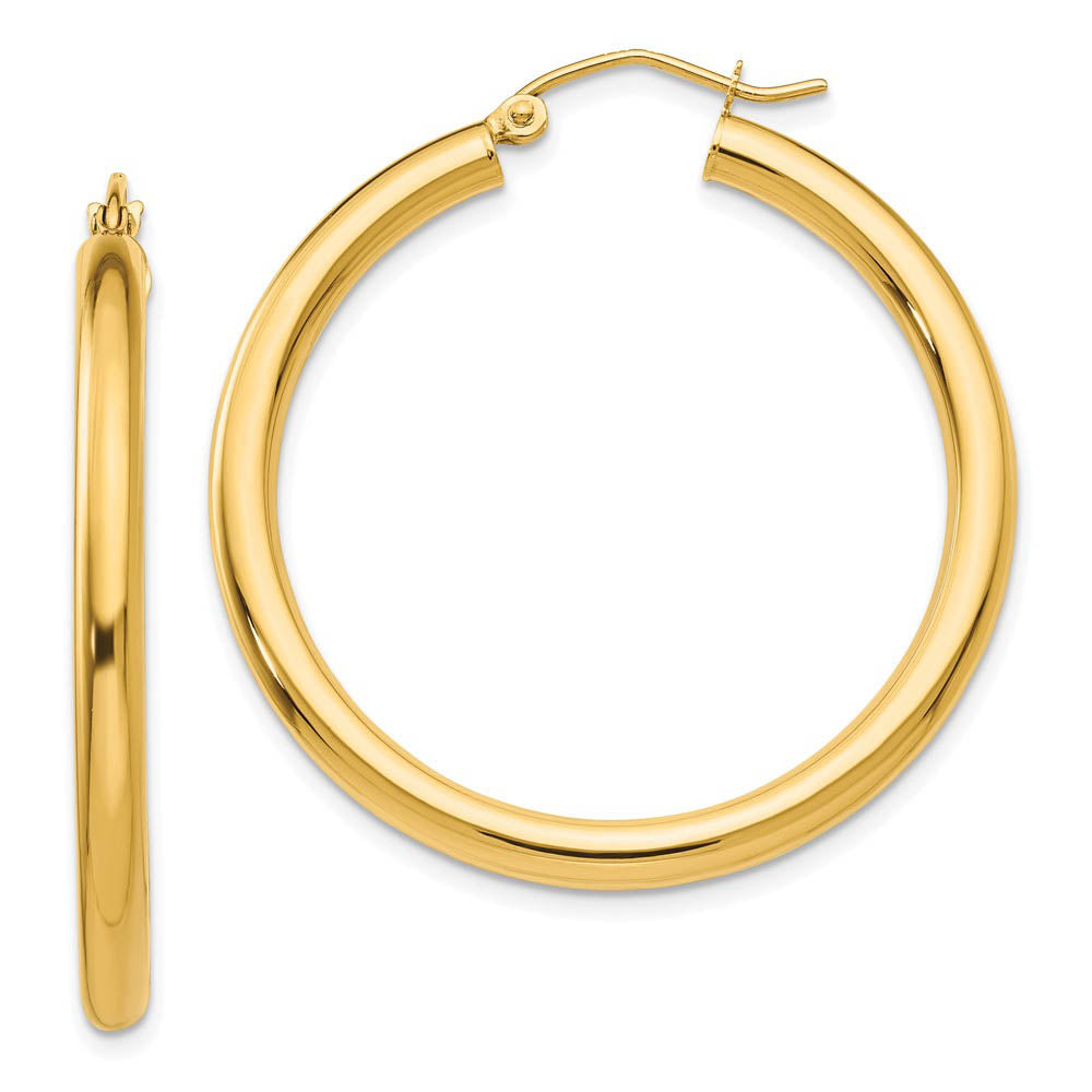 3mm x 35mm 14k Yellow Gold Classic Round Hoop Earrings, Item E13310 by The Black Bow Jewelry Co.