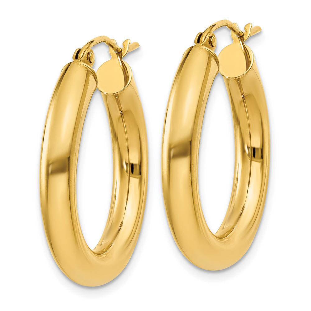 Alternate view of the 4mm x 25mm 14k Yellow Gold Classic Round Hoop Earrings by The Black Bow Jewelry Co.