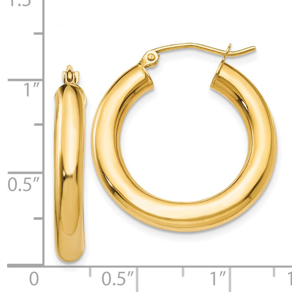 Alternate view of the 4mm x 25mm 14k Yellow Gold Classic Round Hoop Earrings by The Black Bow Jewelry Co.