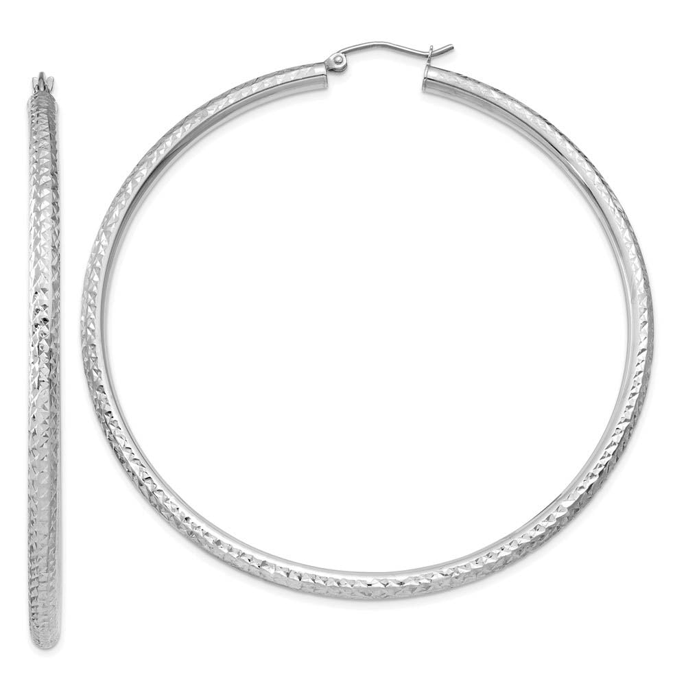 3mm x 65mm, 14k White Gold, Diamond-cut Round Hoop Earrings, Item E13339 by The Black Bow Jewelry Co.