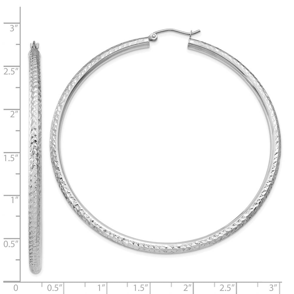 Alternate view of the 3mm x 65mm, 14k White Gold, Diamond-cut Round Hoop Earrings by The Black Bow Jewelry Co.