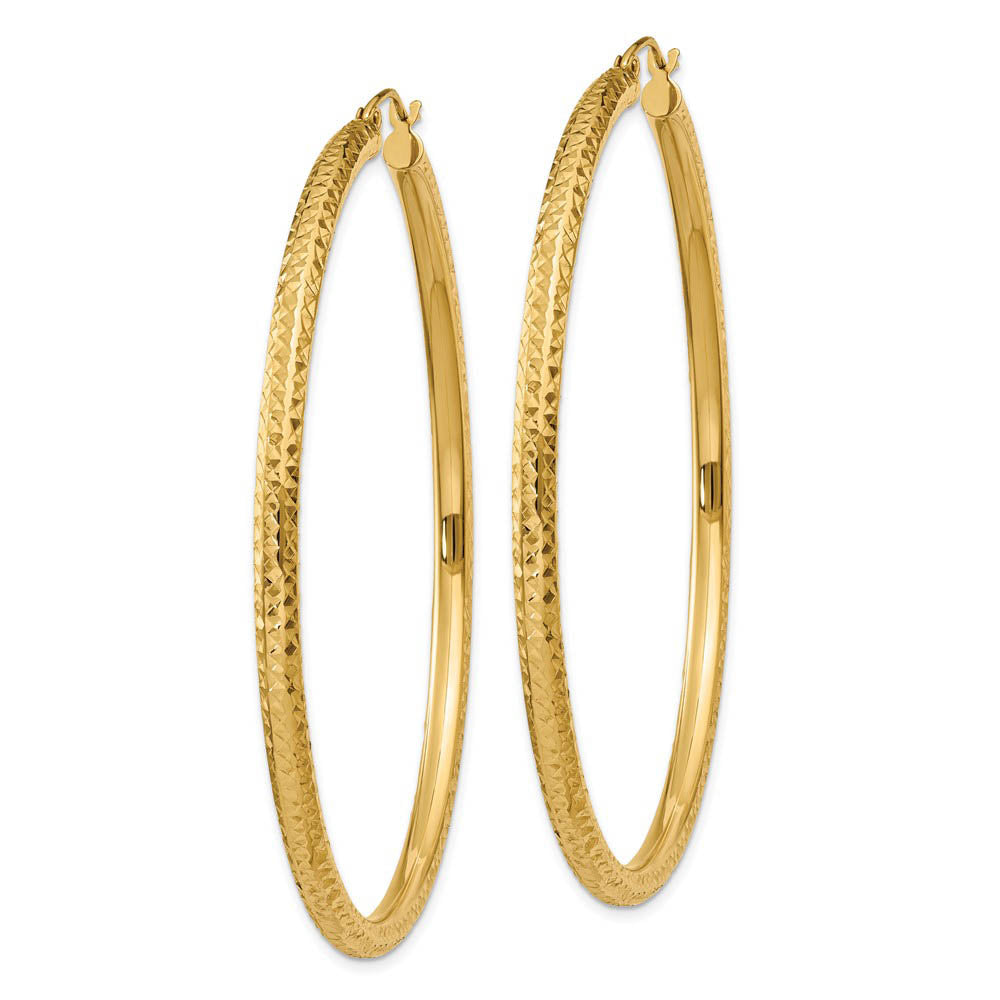 Alternate view of the 3mm x 60mm, 14k Yellow Gold, Diamond-cut Round Hoop Earrings by The Black Bow Jewelry Co.