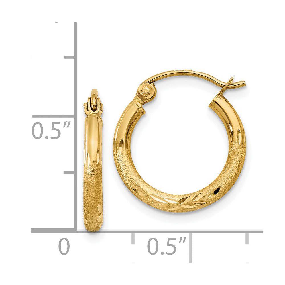 Alternate view of the 2mm x 15mm 14k Yellow Gold Satin & Diamond-Cut Round Hoop Earrings by The Black Bow Jewelry Co.