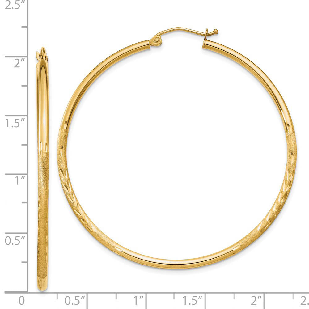 Alternate view of the 2mm x 50mm 14k Yellow Gold Satin & Diamond-Cut Round Hoop Earrings by The Black Bow Jewelry Co.