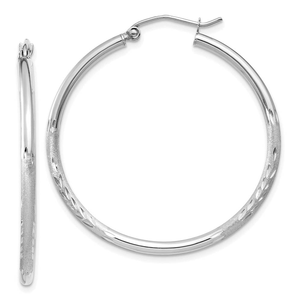 2mm x 35mm 14k White Gold Satin & Diamond-Cut Round Hoop Earrings, Item E13362 by The Black Bow Jewelry Co.